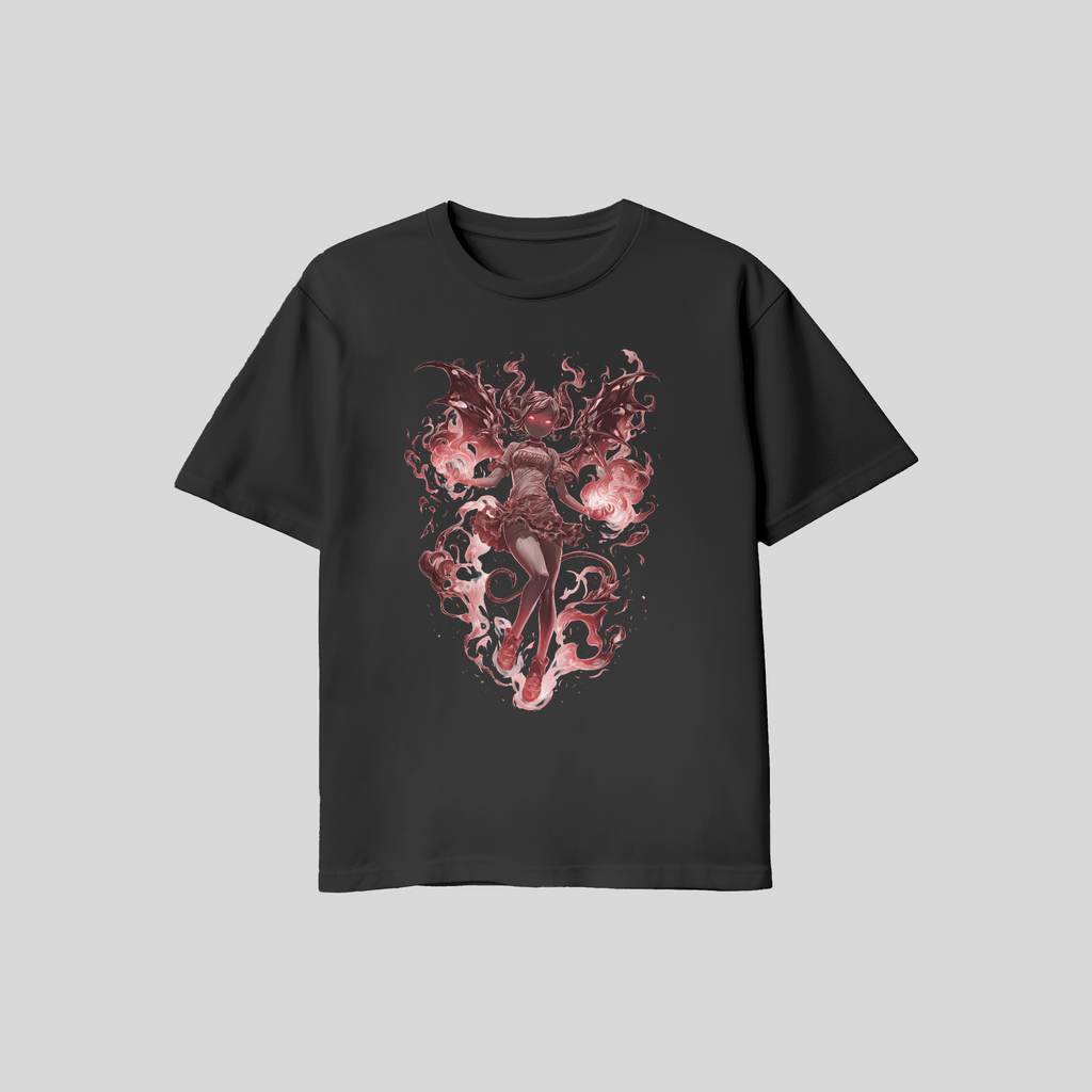Anime Devil Girl T-Shirt – Dark Fantasy Dämonin mit Flammen | Unisex