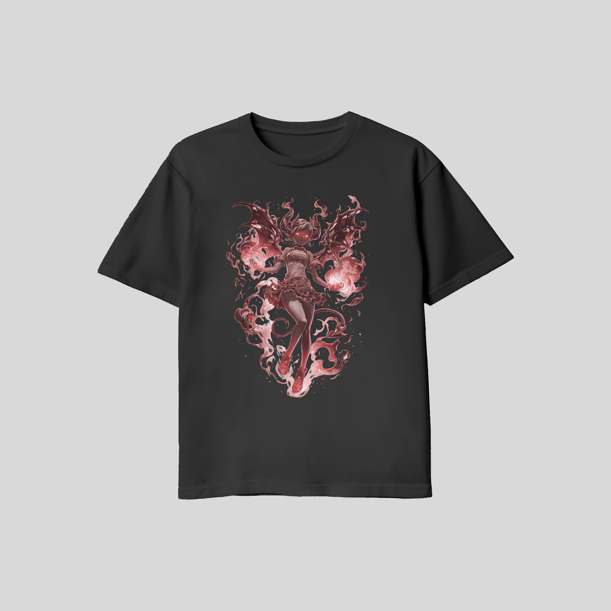 Anime Devil Girl T-Shirt – Dark Fantasy Dämonin mit Flammen | Unisex