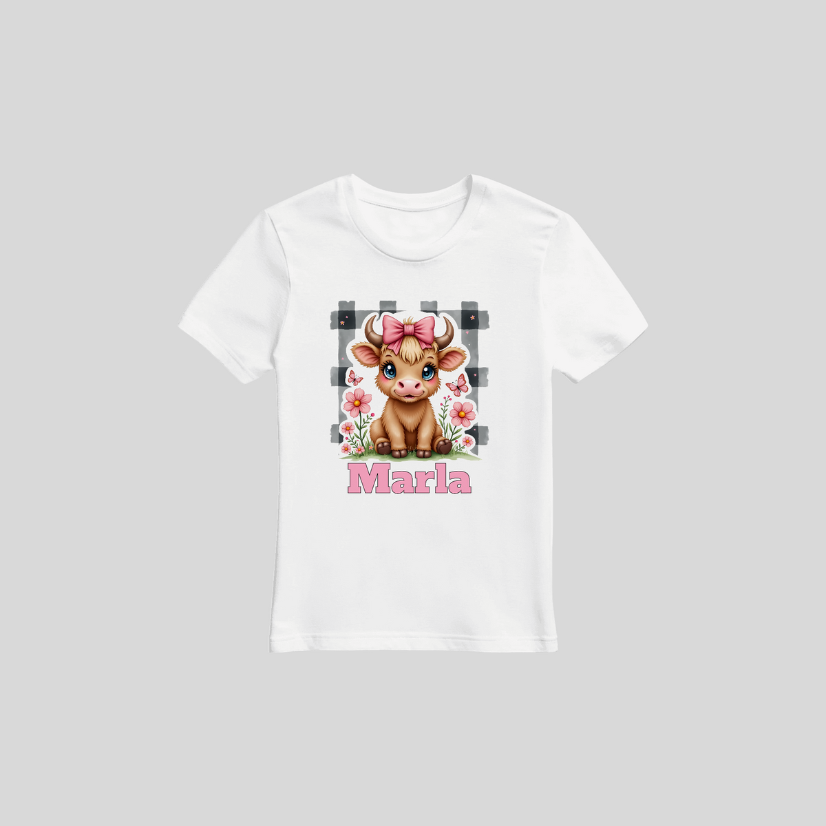 T-Shirt Mädchen – Kuh-Motiv mit Wunschname