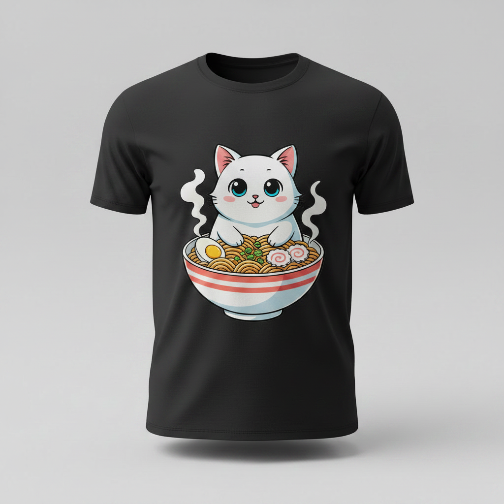 Ramen Katze Anime T-Shirt Mockup Schwarz