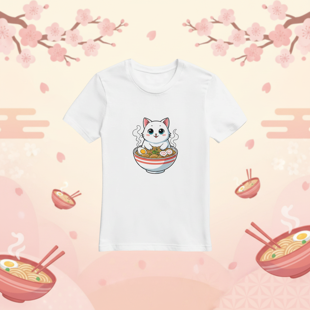 Ramen Katze T-Shirt mit Kirschblüten Hintergrund