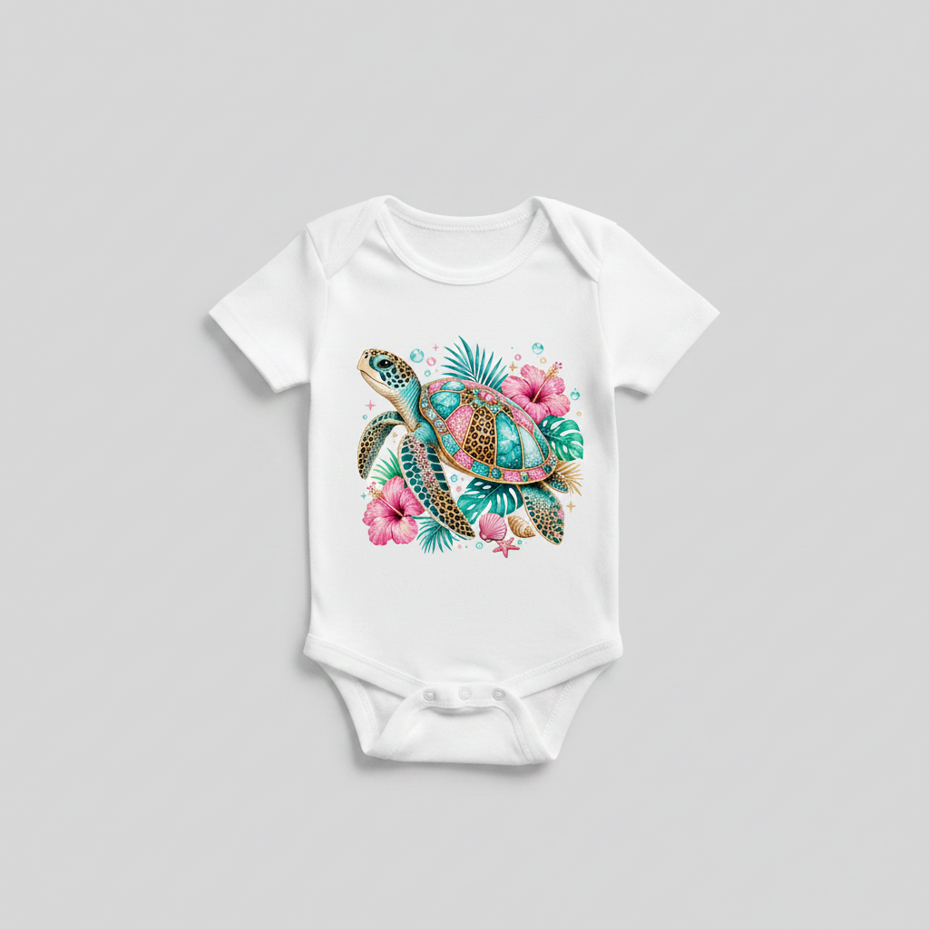Weißer Baby Body mit tropischem Schildkröten-Design in Türkis und Pink
