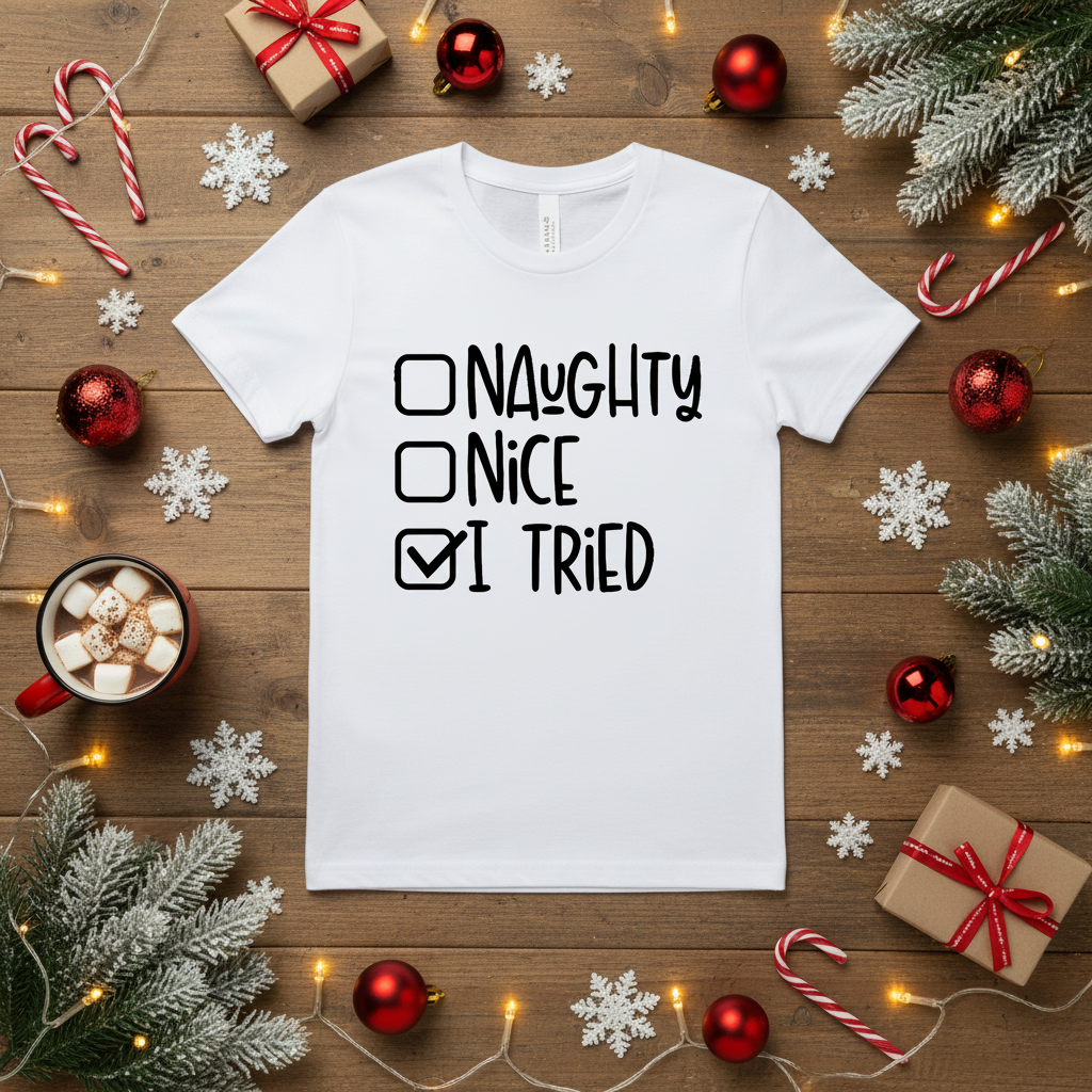 Statement T-Shirt I Tried Weihnachts-Lifestyle Werbebild | HV Digitaldruck