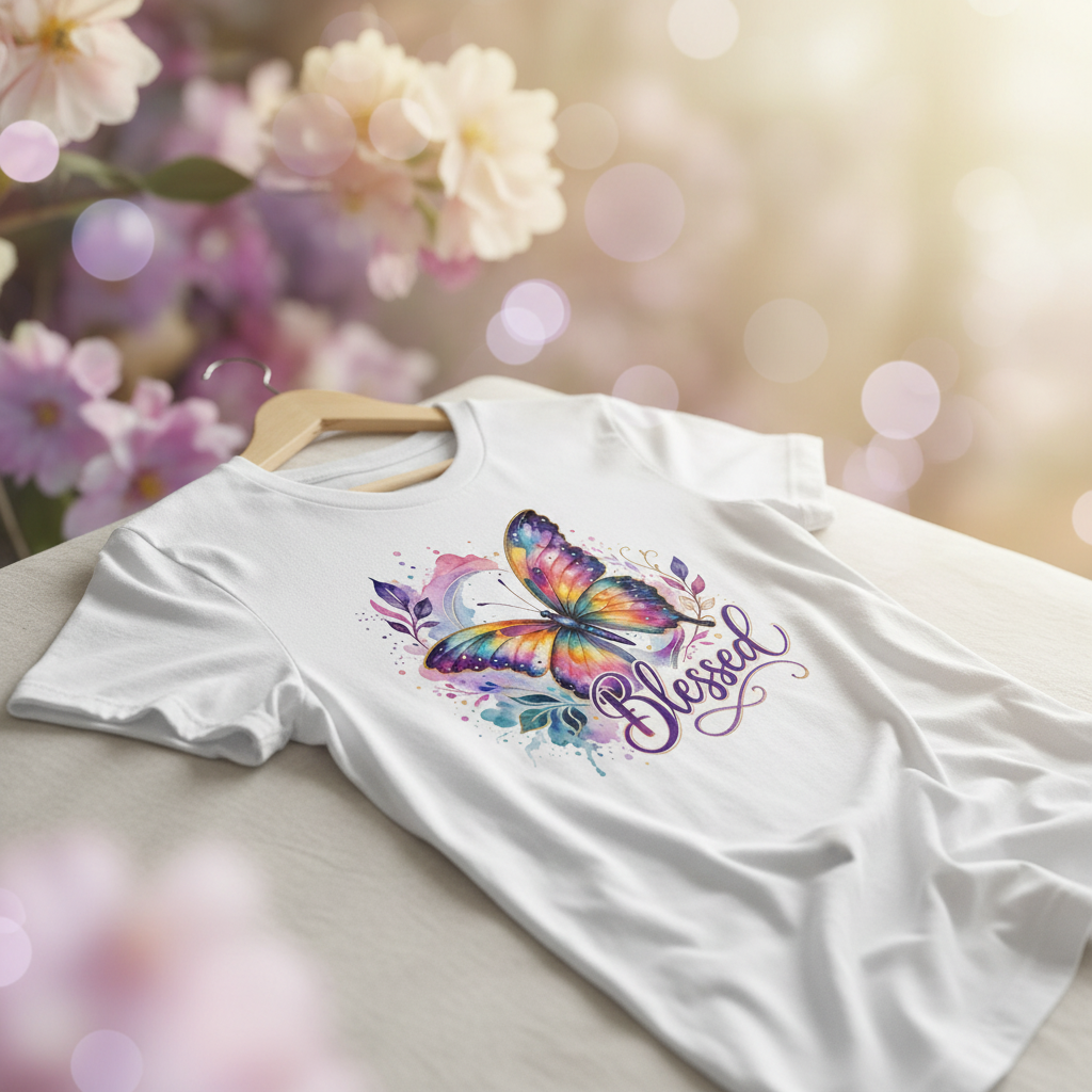 Blessed T-Shirt Weiß mit Blumen Hintergrund