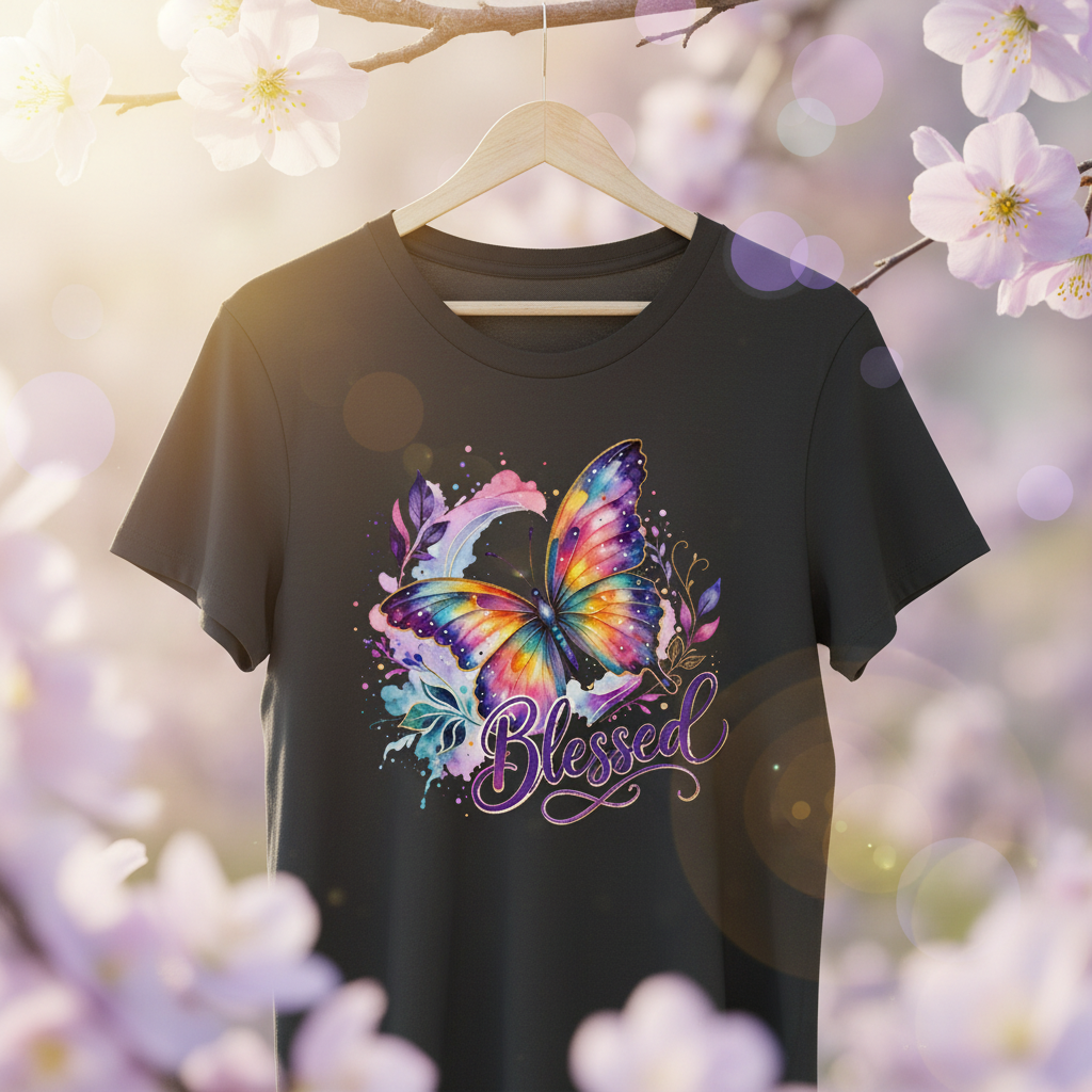 Blessed T-Shirt Schwarz mit Blumen Hintergrund