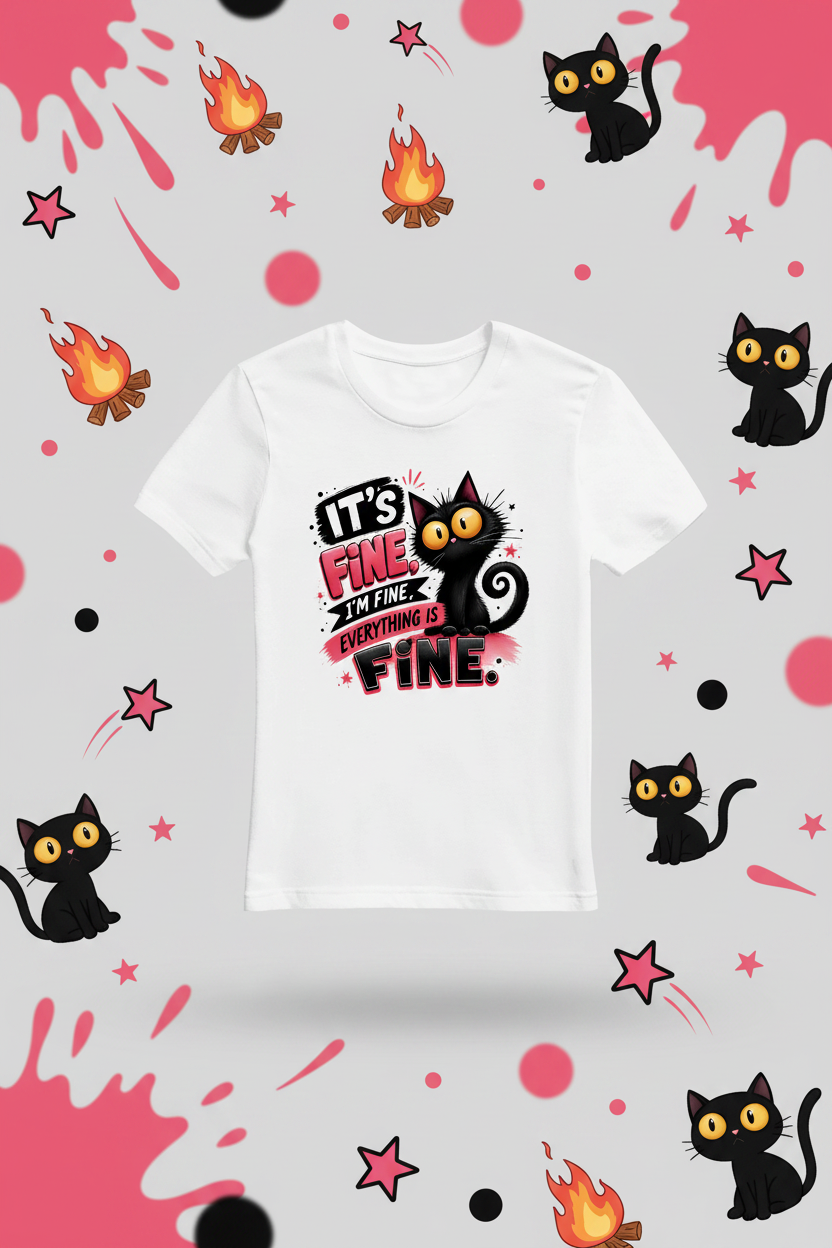 Motto T-Shirt Mir geht´s gut – It's Fine Katzen-Design mit buntem Hintergrund