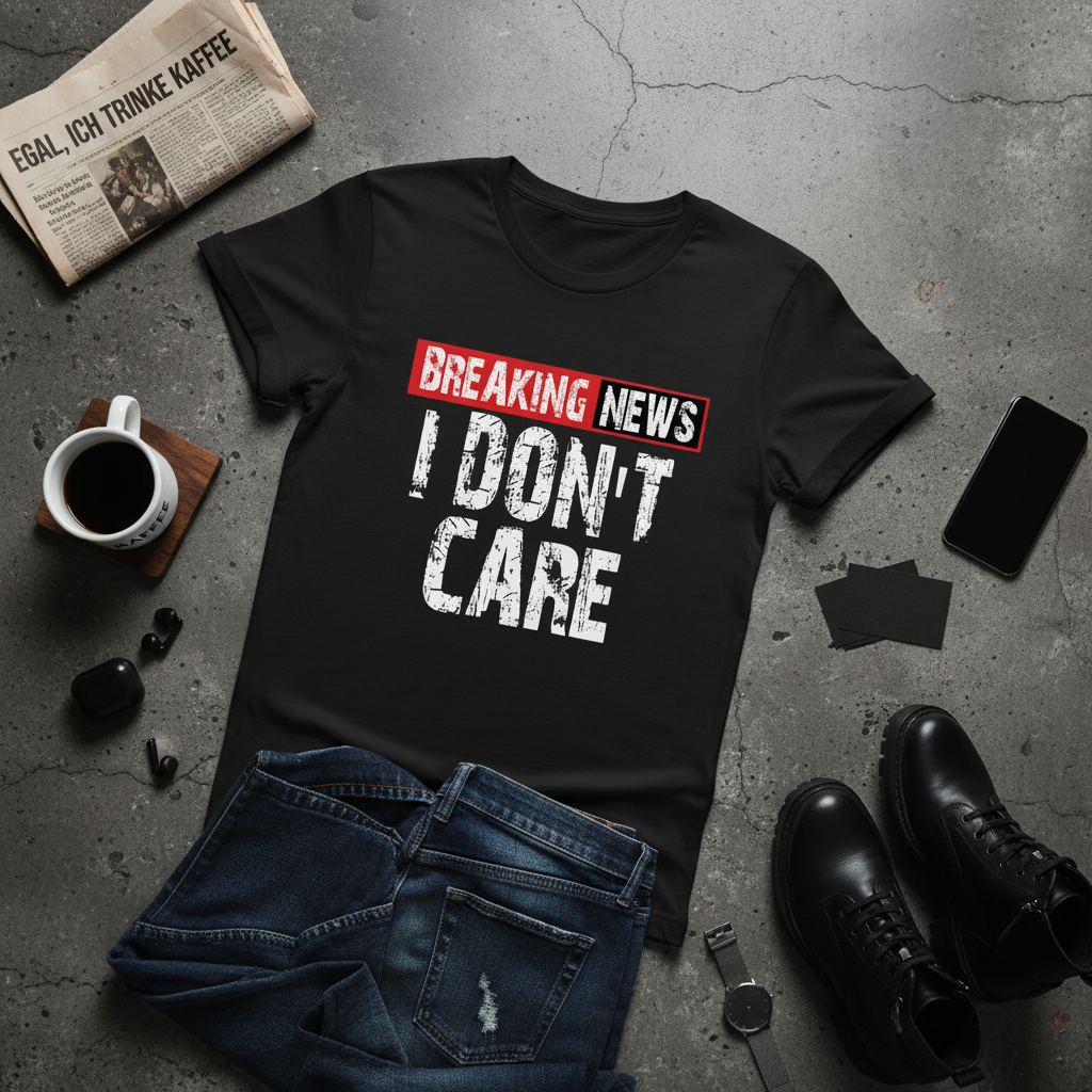 Breaking News I Don't Care Motto T-Shirt Lifestyle Werbebild | HV Digitaldruck