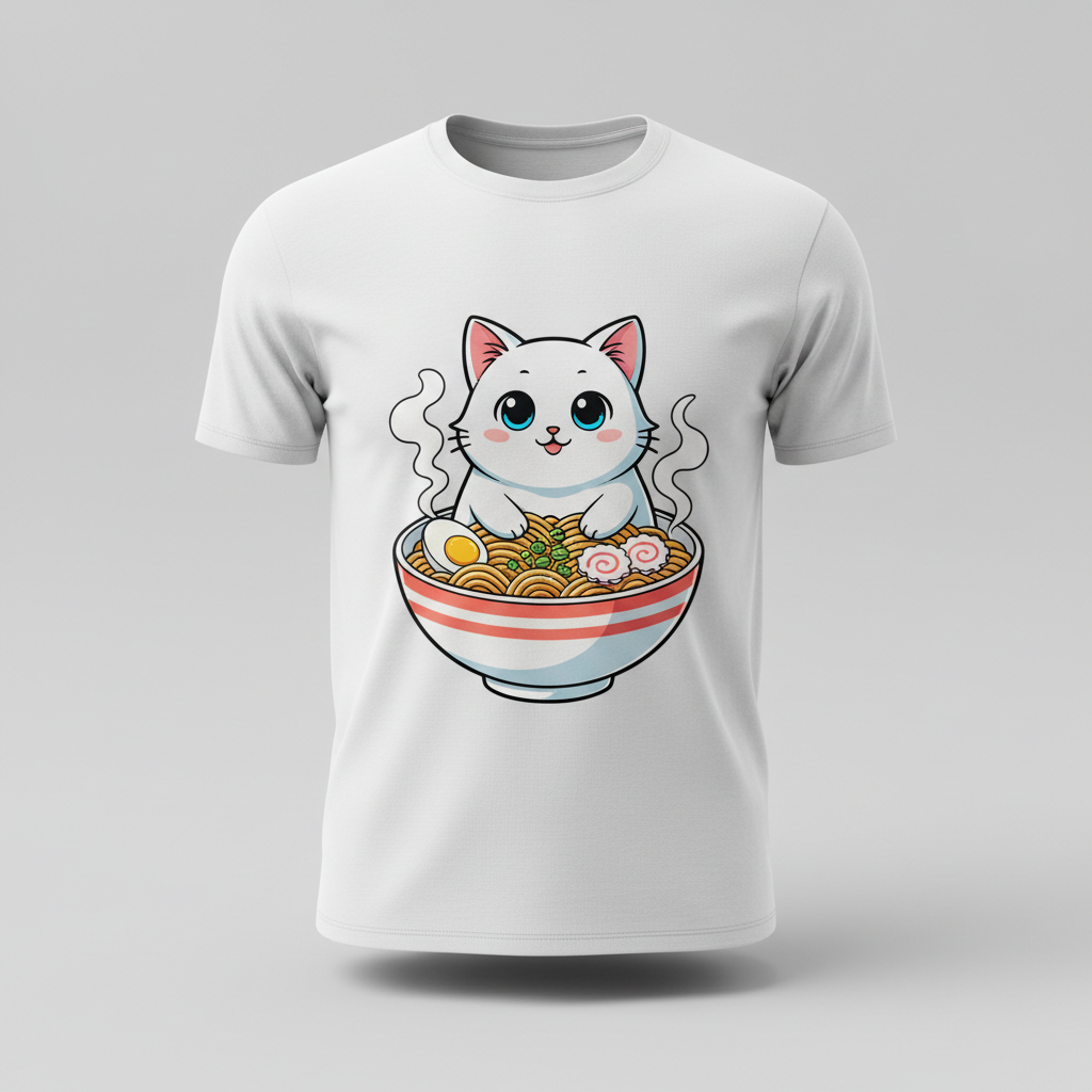 Ramen Katze Anime T-Shirt Mockup Weiß
