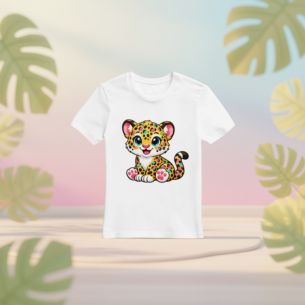 Tiger Kind T-Shirt mit buntem Cartoon-Tiger-Cub und Dschungel-Hintergrund
