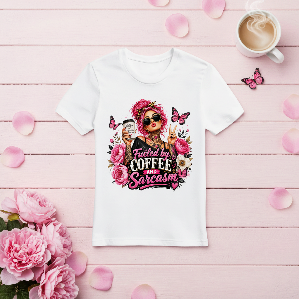 Kaffee und Sarkasmus T-Shirt mit Lifestyle-Hintergrund
