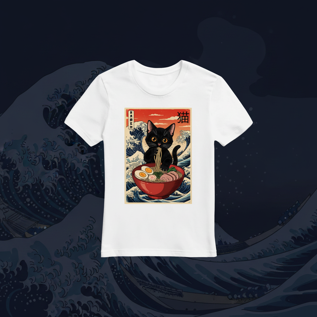 Ramen Katze T-Shirt mit japanischem Hintergrund